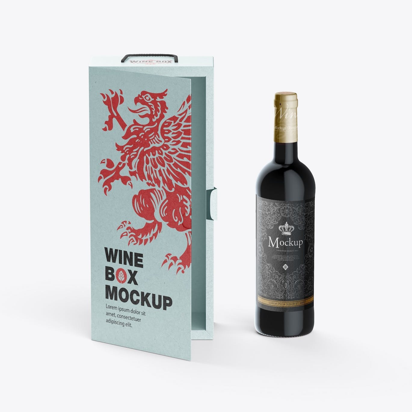 红酒酒瓶纸礼盒品牌包装设计样机 Box with Wine Bottle Mockup 样机素材 sucaiwan.com