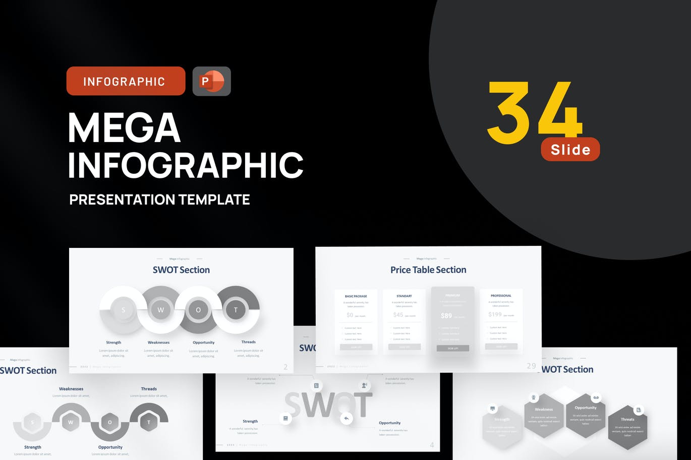 SWOT和价格信息图表PPT模板 SWOT & Price Infographic PowerPoint Template 幻灯图表 sucaiwan.com