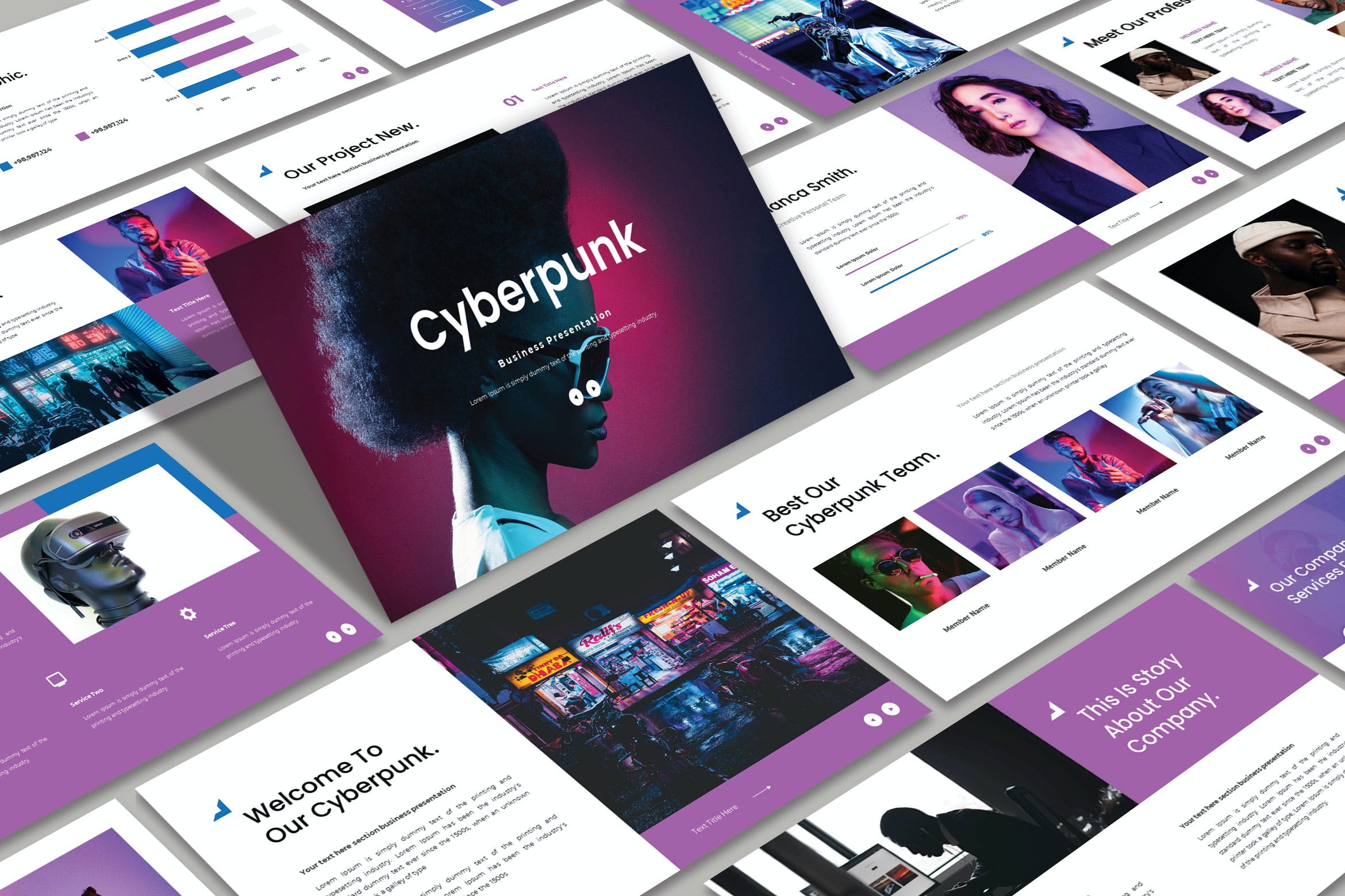 赛博朋克PPT创意模板 CYBERPUNK – Pastel Powerpoint Template 幻灯图表 sucaiwan.com