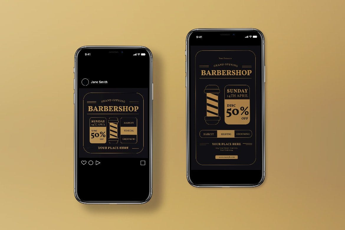 理发店盛大开业传单设计模板 Grand Opening Barbershop Flyer Shop 设计素材 sucaiwan.com