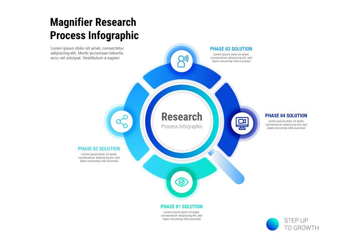 放大镜图形信息图表矢量模板 Magnifier Research Process Infographic 幻灯图表 sucaiwan.com
