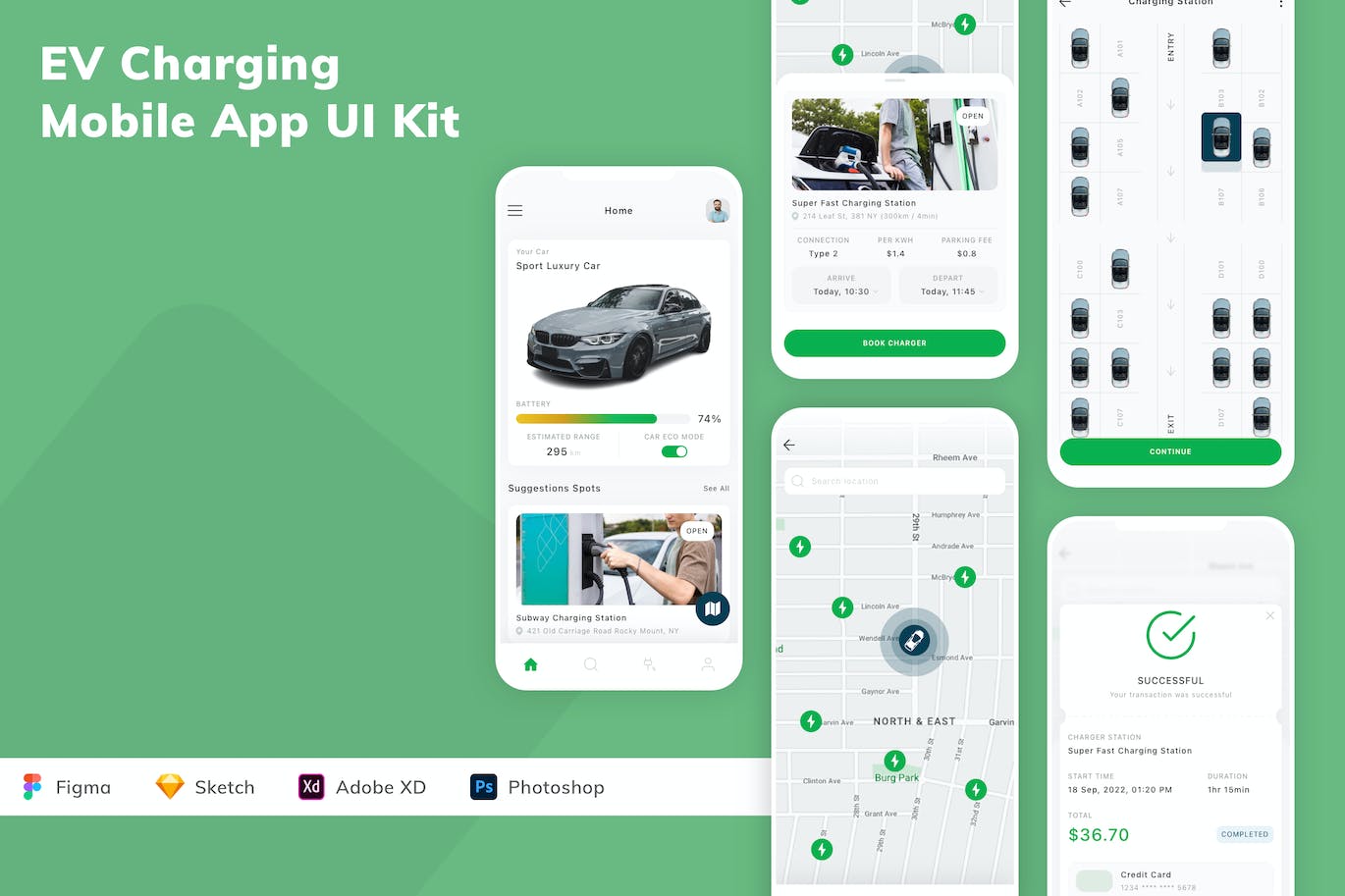 电动车充电App应用程序UI设计模板套件 EV Charging Mobile App UI Kit APP UI sucaiwan.com