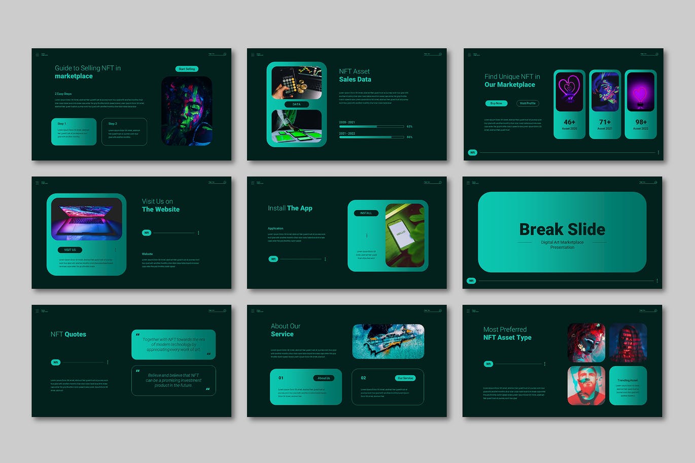 NFT数字市场PPT演示幻灯片模板 NFT Digital Marketplace Powerpoint 幻灯图表 sucaiwan.com