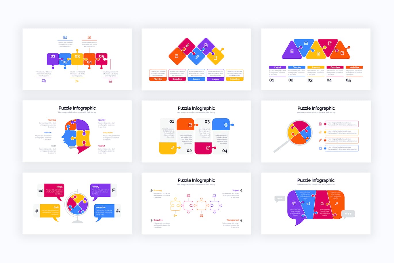 现代教育拼图信息图表设计AI矢量模板 Education Puzzle Illustrator Infographics 幻灯图表 sucaiwan.com