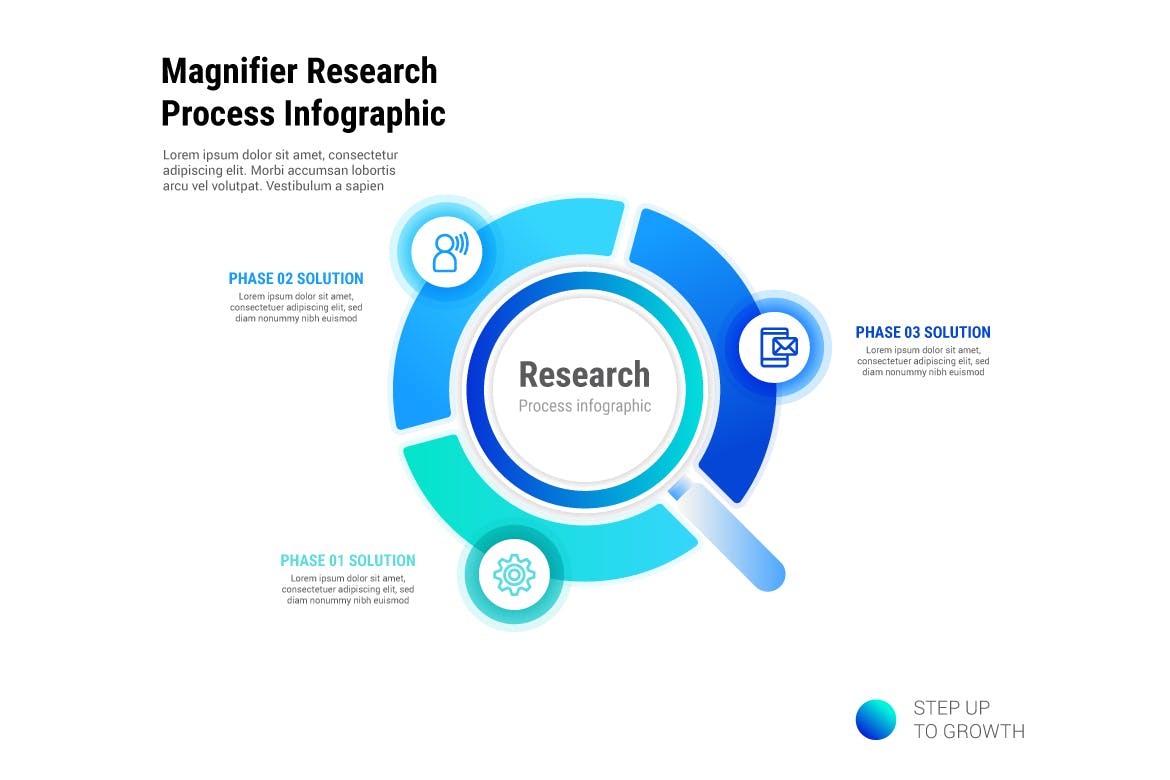 放大镜图形信息图表矢量模板 Magnifier Research Process Infographic 幻灯图表 sucaiwan.com