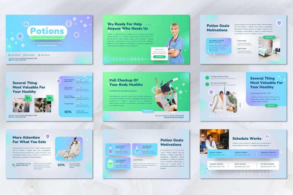 医疗保健PPT演示幻灯片模板 Potions – Medical & Healthcare Powerpoint Template 幻灯图表 sucaiwan.com