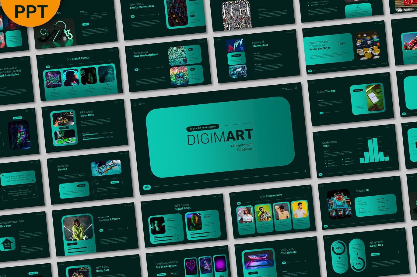 NFT数字市场PPT演示幻灯片模板 NFT Digital Marketplace Powerpoint 幻灯图表 sucaiwan.com