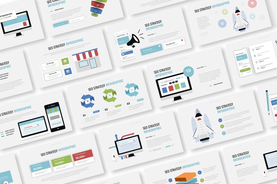 SEO策略信息图表PPT素材 SEO Strategy Infographic Powerpoint Template 幻灯图表 sucaiwan.com