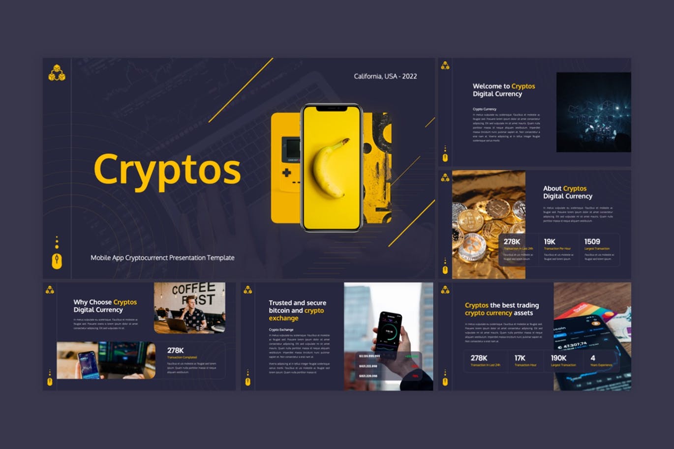 金融数字加密货币PPT模板下载 Cryptos – Cryptocurrency PowerPoint Template 幻灯图表 sucaiwan.com