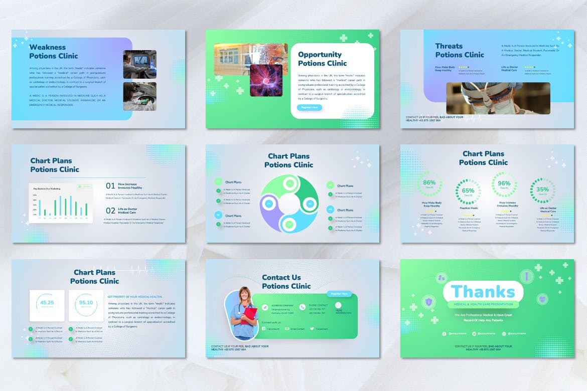 医疗保健PPT演示幻灯片模板 Potions – Medical & Healthcare Powerpoint Template 幻灯图表 sucaiwan.com