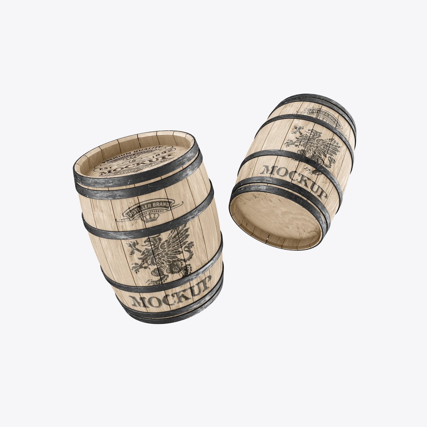 木桶酒桶Logo设计样机 Set Wooden Barrels Mockup 样机素材 sucaiwan.com