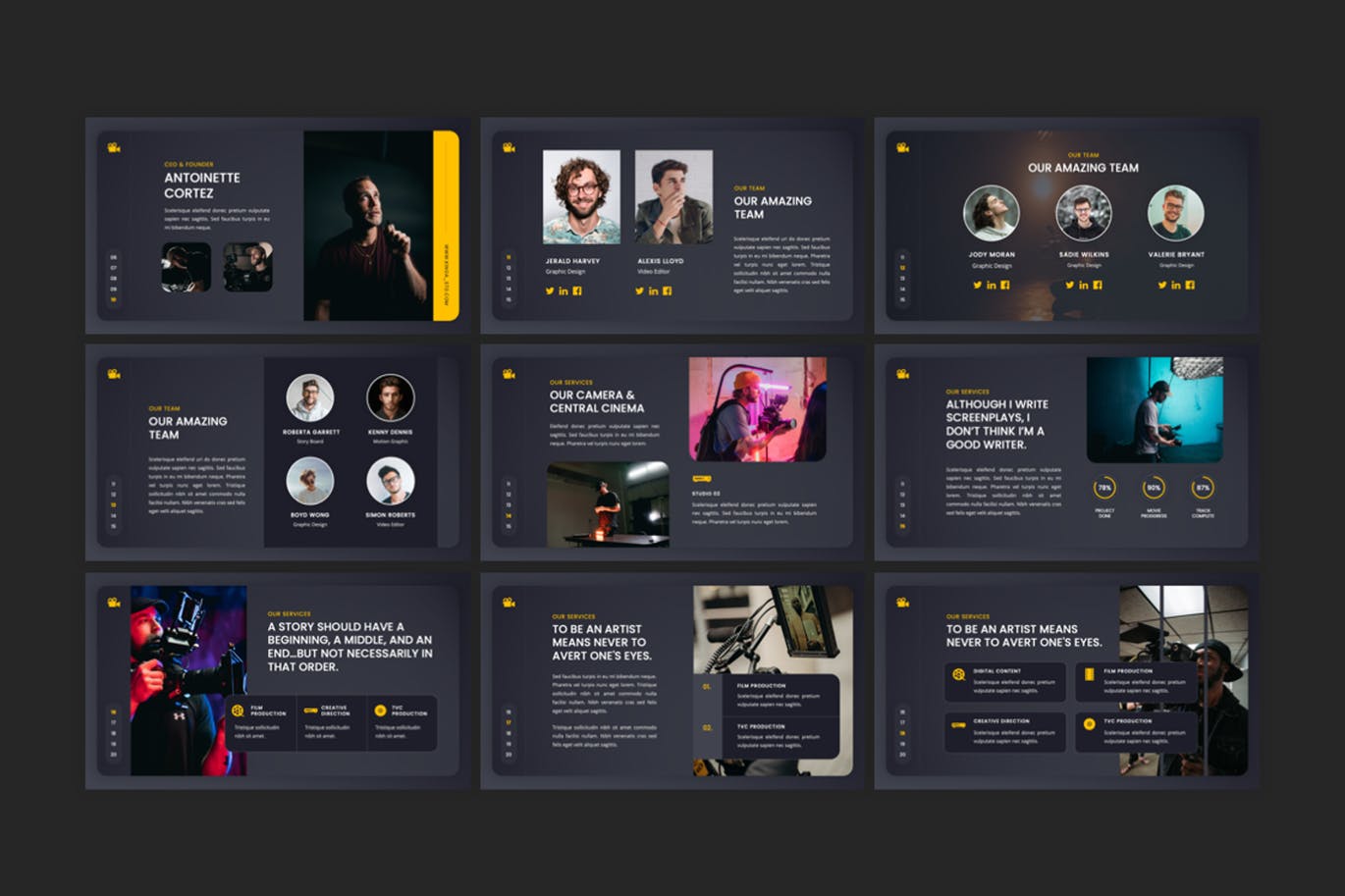 电影制作人和电影工作室PPT演示幻灯片模板 Kinoa – Film Maker & Movies Studio PowerPoint 幻灯图表 sucaiwan.com