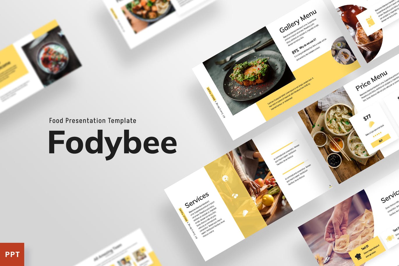 餐厅食品推广PowerPoint演示模板 Foodybee – Powerpoint Template 幻灯图表 sucaiwan.com