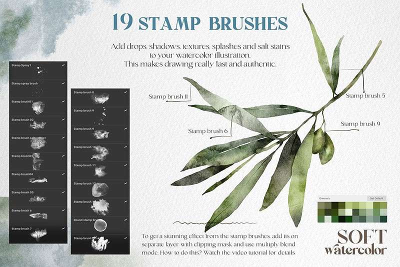 柔和的水彩插画Procreate笔刷 笔刷资源 sucaiwan.com