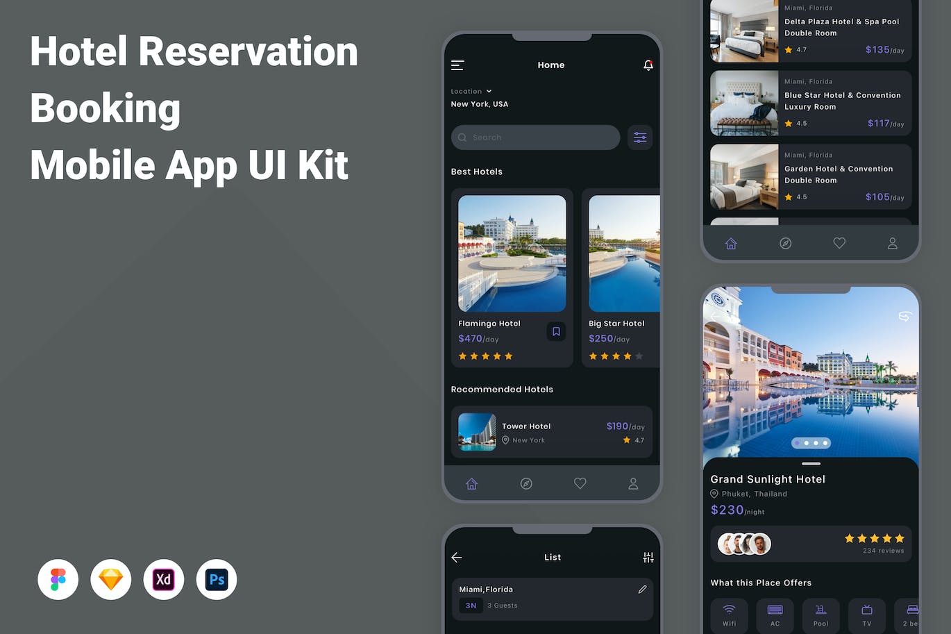 酒店预订App手机应用程序UI设计素材 Hotel Reservation & Booking Mobile App UI Kit APP UI sucaiwan.com