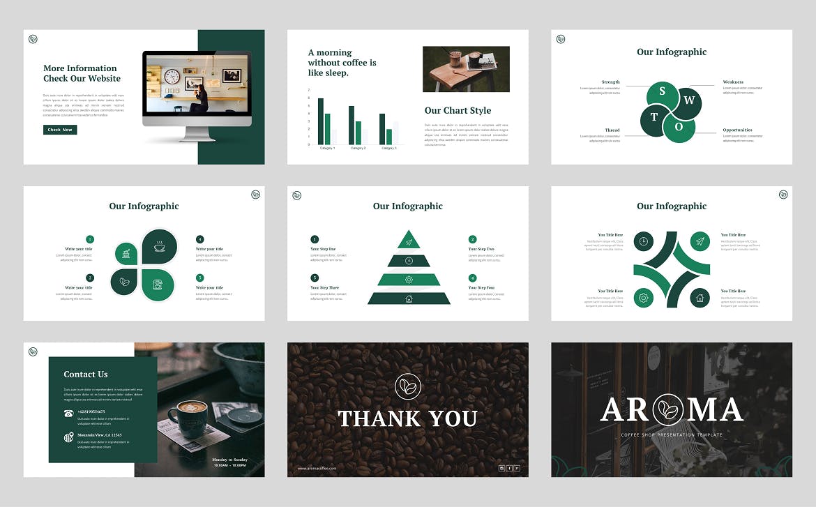 咖啡店和咖啡厅幻灯片演示PPT模板 Aroma – Coffee Shop & Cafe Powerpoint Template 幻灯图表 sucaiwan.com