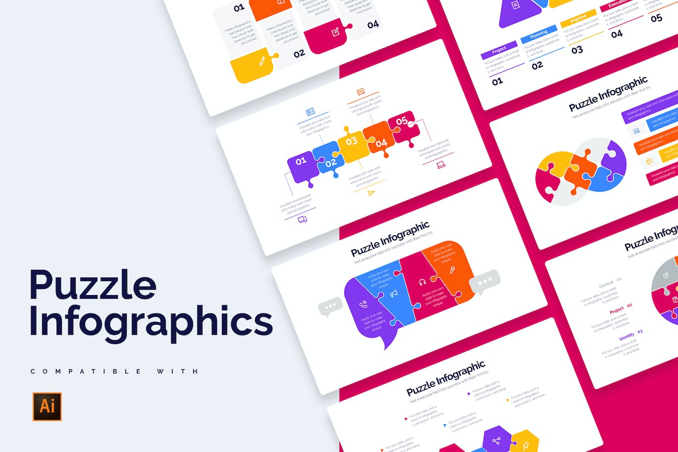 现代教育拼图信息图表设计AI矢量模板 Education Puzzle Illustrator Infographics 幻灯图表 sucaiwan.com