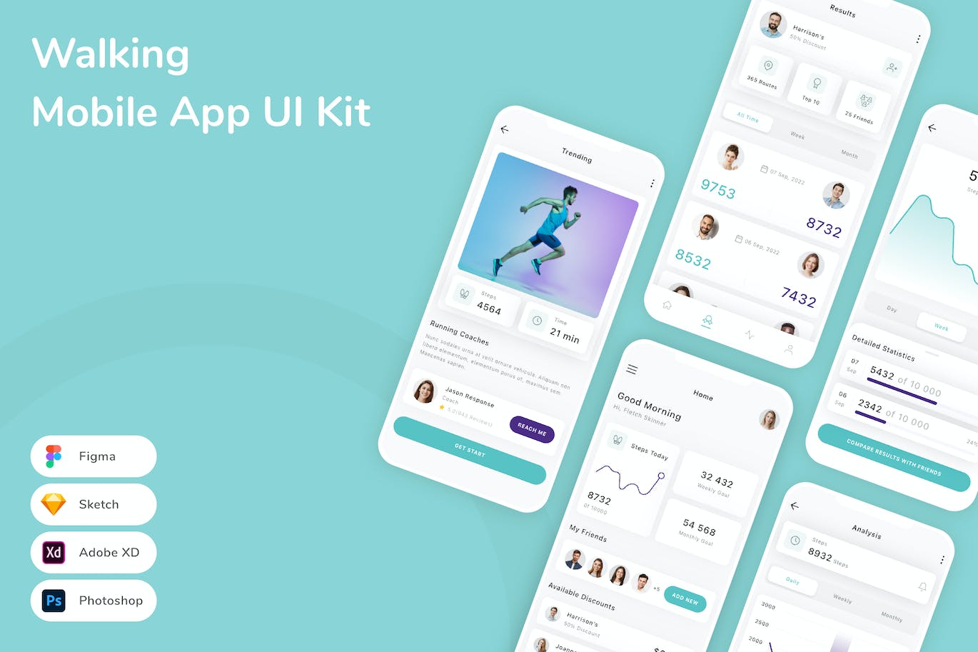 跑步运动App手机应用程序UI设计素材 Walking Mobile App UI Kit APP UI sucaiwan.com