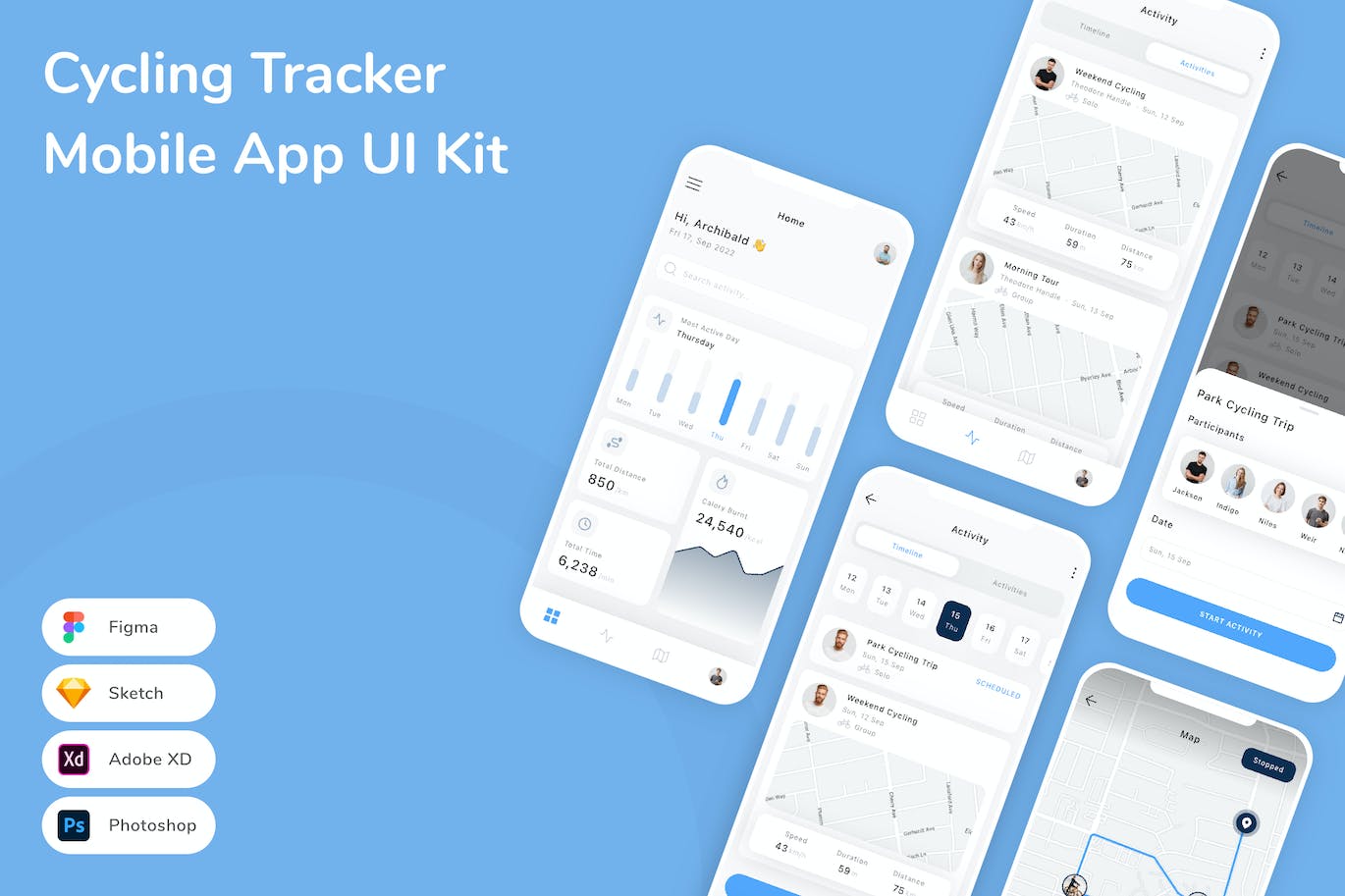 自行车GPS跟踪App手机应用程序UI设计素材 Cycling Tracker Mobile App UI Kit APP UI sucaiwan.com