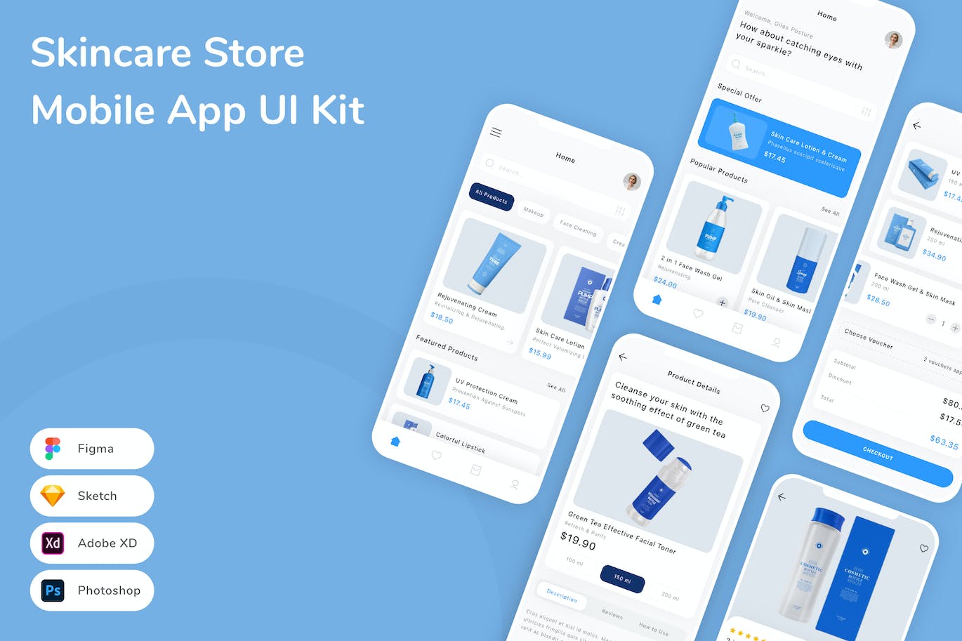 护肤品商店应用程序App界面设计UI套件 Skincare Store Mobile App UI Kit APP UI sucaiwan.com