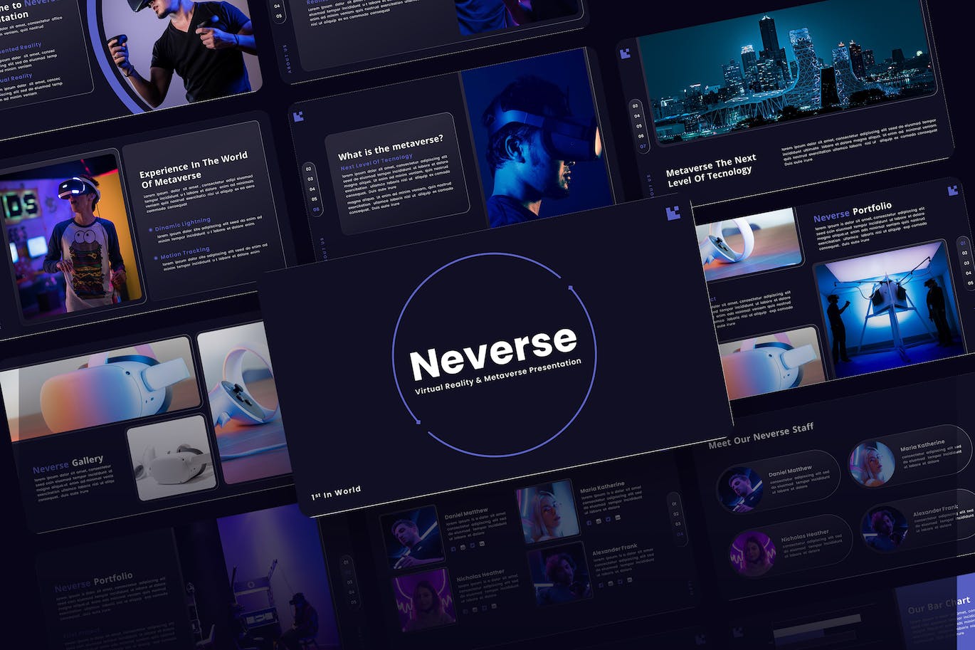 VR/元宇宙PPT设计模板 Neverse – Metaverse PowerPoint Template 幻灯图表 sucaiwan.com