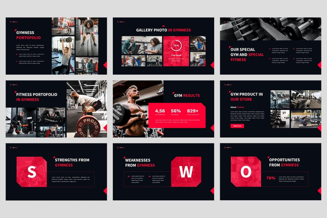 健身房和健身PPT幻灯片设计模板 Gymness – Gym & Fitness Powerpoint Template 幻灯图表 sucaiwan.com