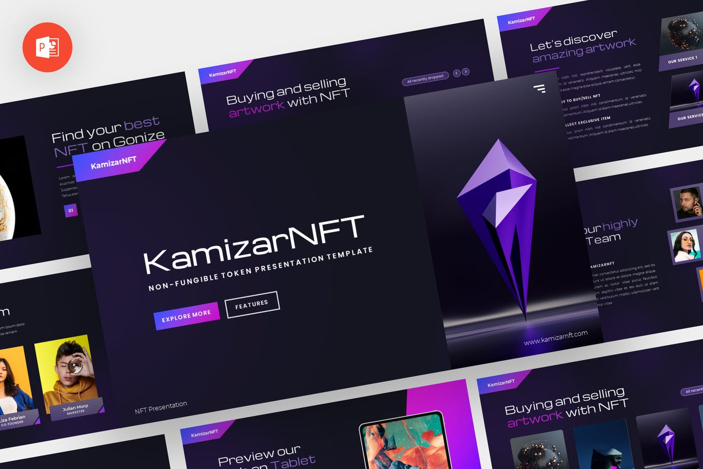 NFT艺术品PPT创意模板 KamizarNFT – NFT Powerpoint Template 幻灯图表 sucaiwan.com