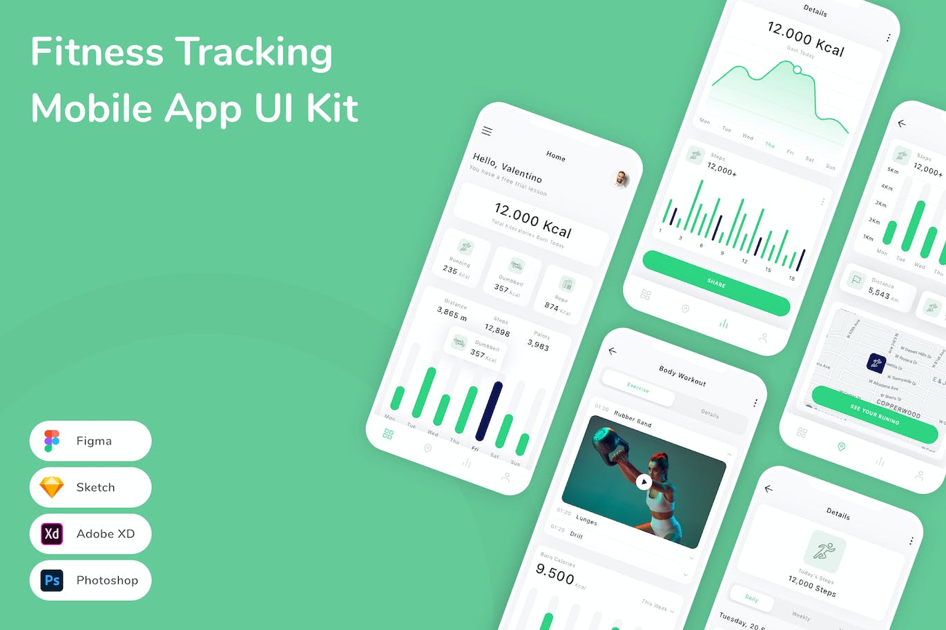 健身追踪App手机应用程序UI设计素材 Fitness Tracking Mobile App UI Kit APP UI sucaiwan.com