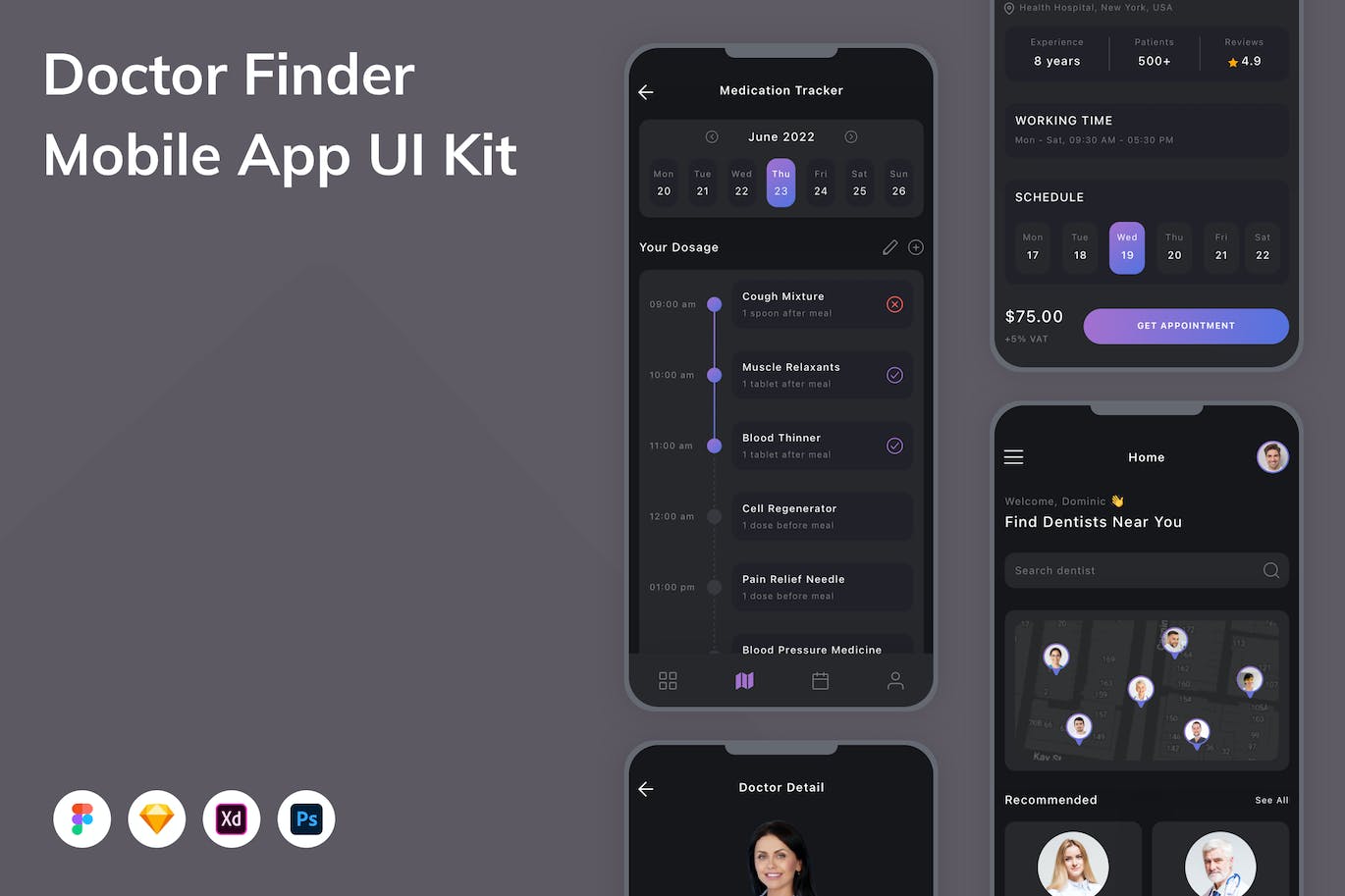 医生查找App应用程序UI设计模板套件 Doctor Finder Mobile App UI Kit APP UI sucaiwan.com