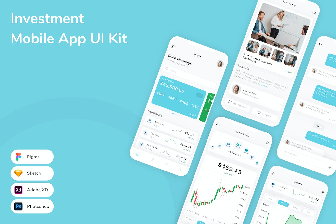 金融市场投资App应用程序UI设计模板套件 Investment Mobile App UI Kit APP UI sucaiwan.com