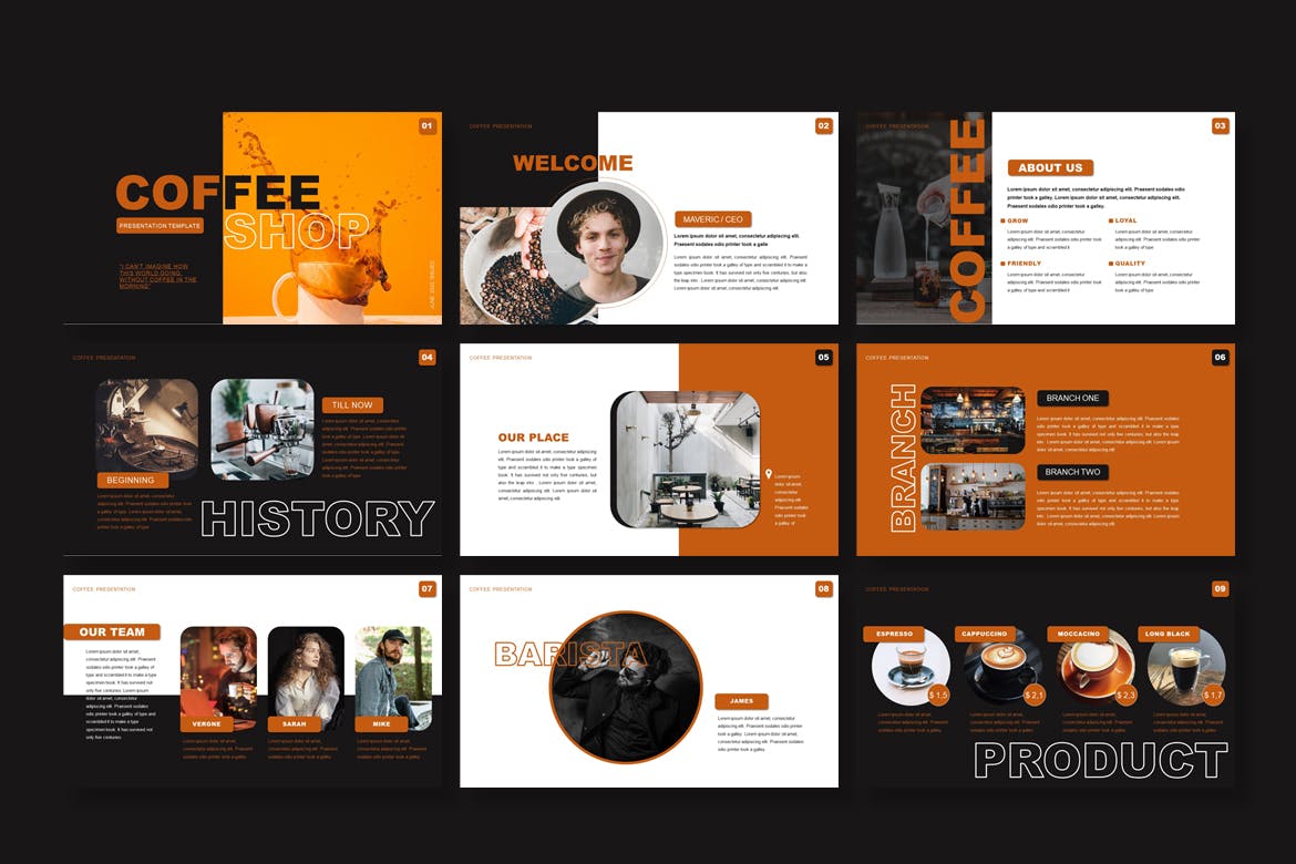 咖啡行业PPT幻灯片模板素材 Coffee Shop – Powerpoint 幻灯图表 sucaiwan.com