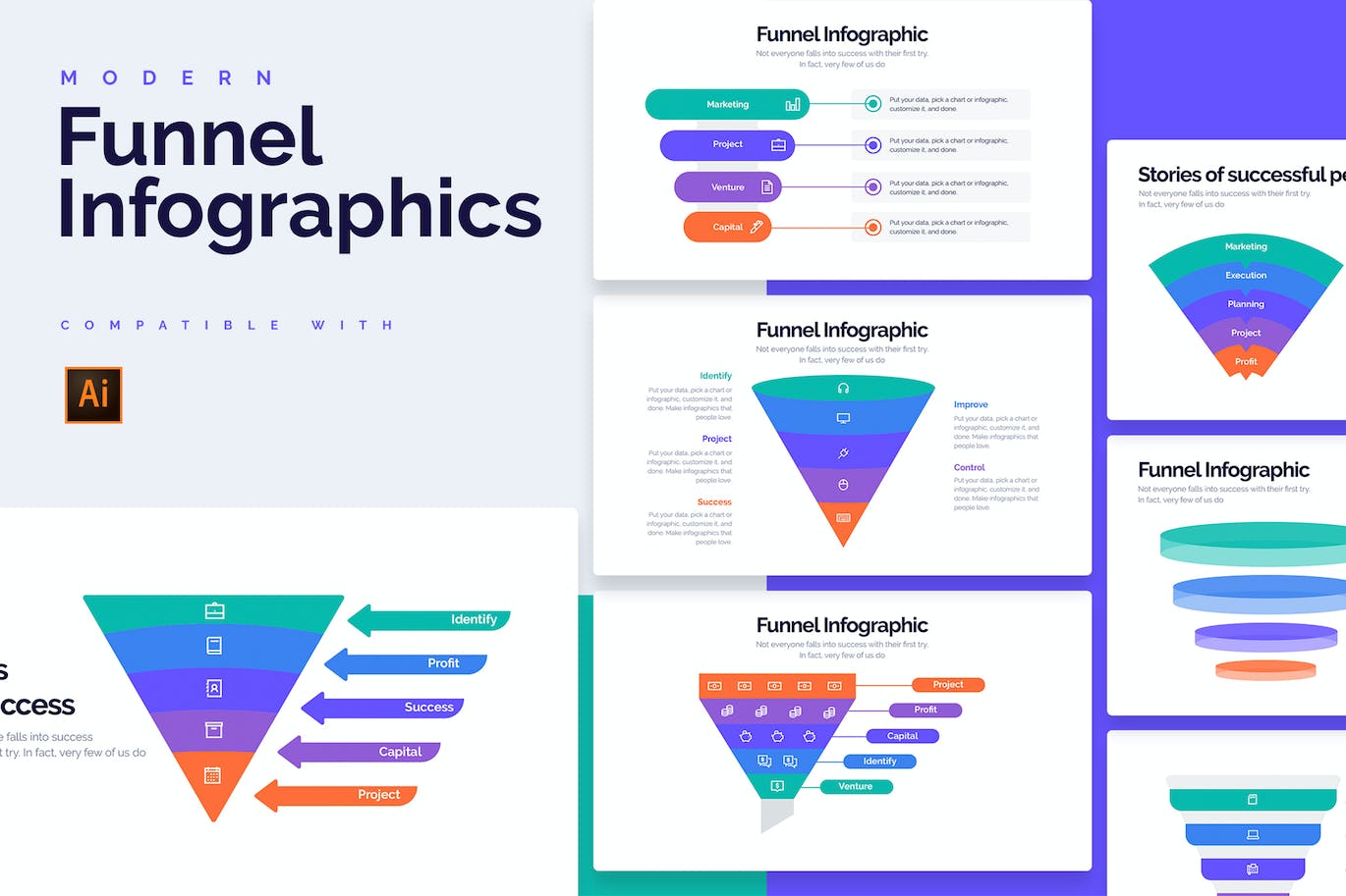 分层漏斗信息图表设计AI矢量模板 Business Funnel Illustrator Infographics 幻灯图表 sucaiwan.com
