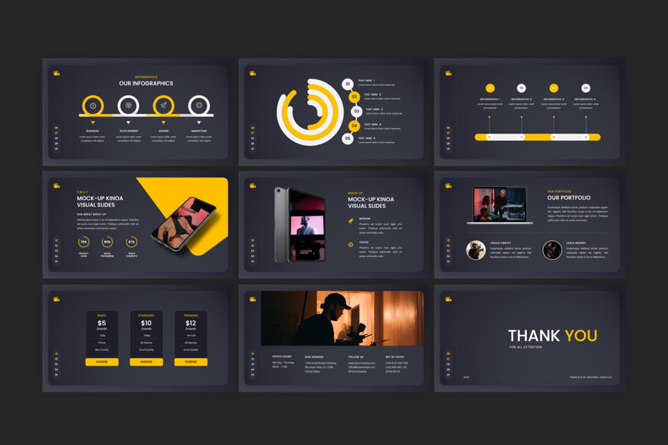 电影制作人和电影工作室PPT演示幻灯片模板 Kinoa – Film Maker & Movies Studio PowerPoint 幻灯图表 sucaiwan.com
