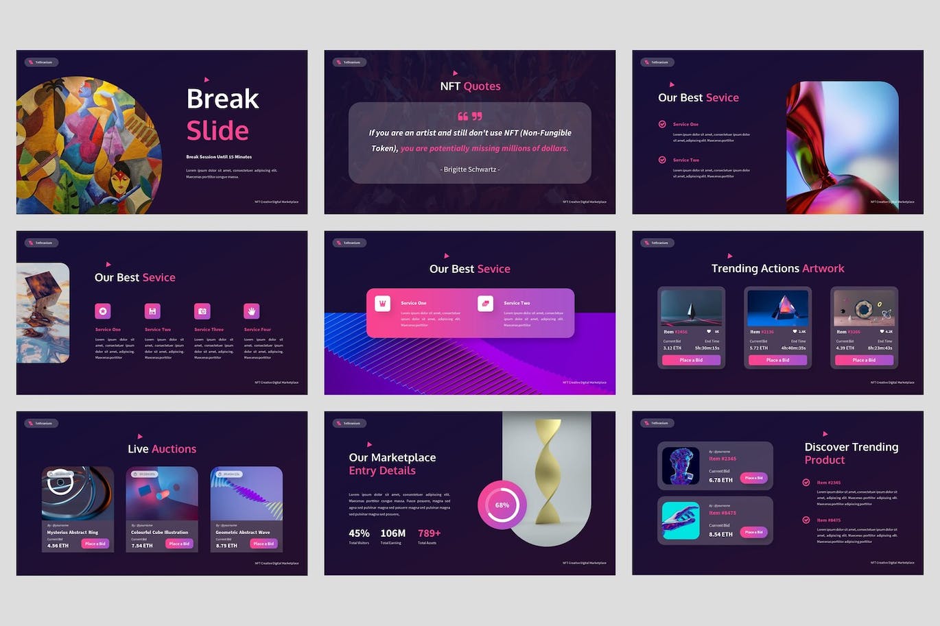 NFT创意数字市场PPT幻灯片模板下载 Tethranium – NFT Creative Powerpoint Template 幻灯图表 sucaiwan.com