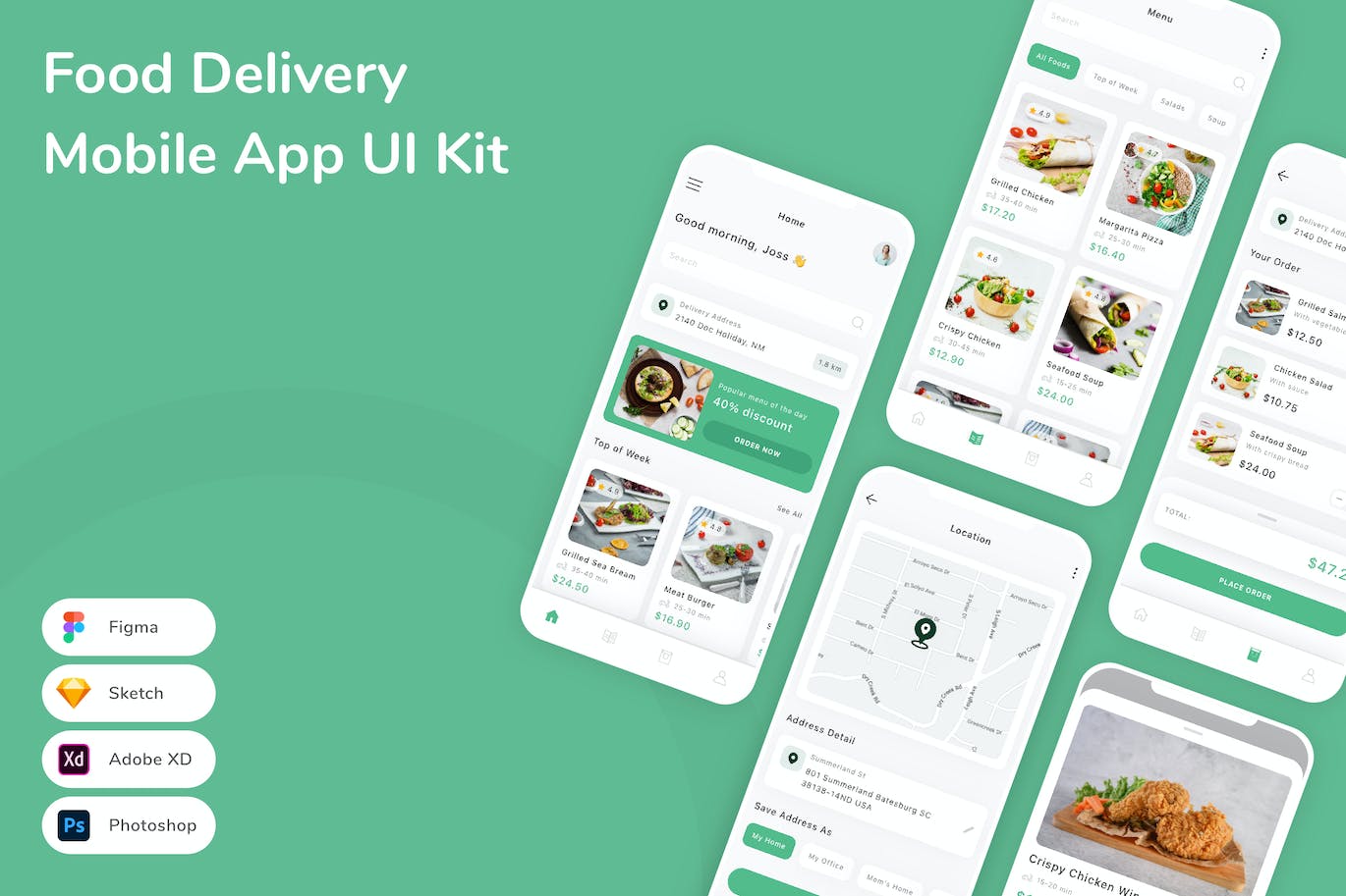 食品配送App应用程序UI设计模板套件 Food Delivery Mobile App UI Kit APP UI sucaiwan.com