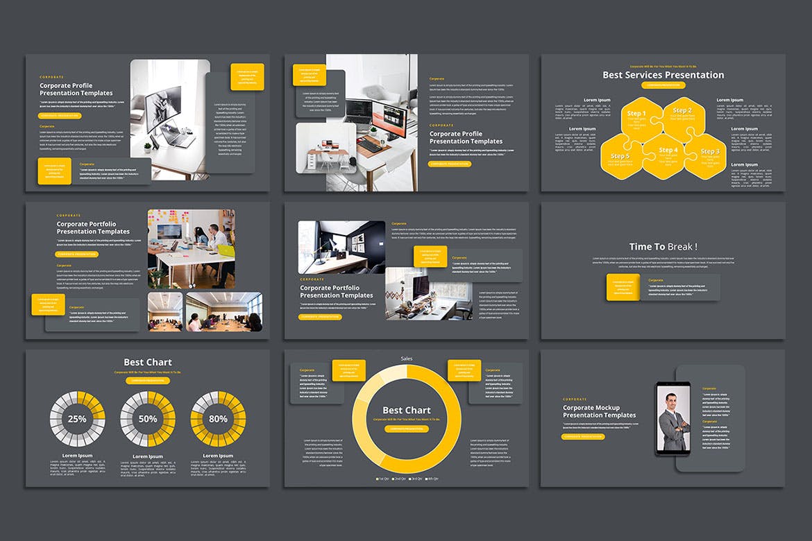 公司企业深色PPT模板 Corporate – PowerPoint Template 幻灯图表 sucaiwan.com