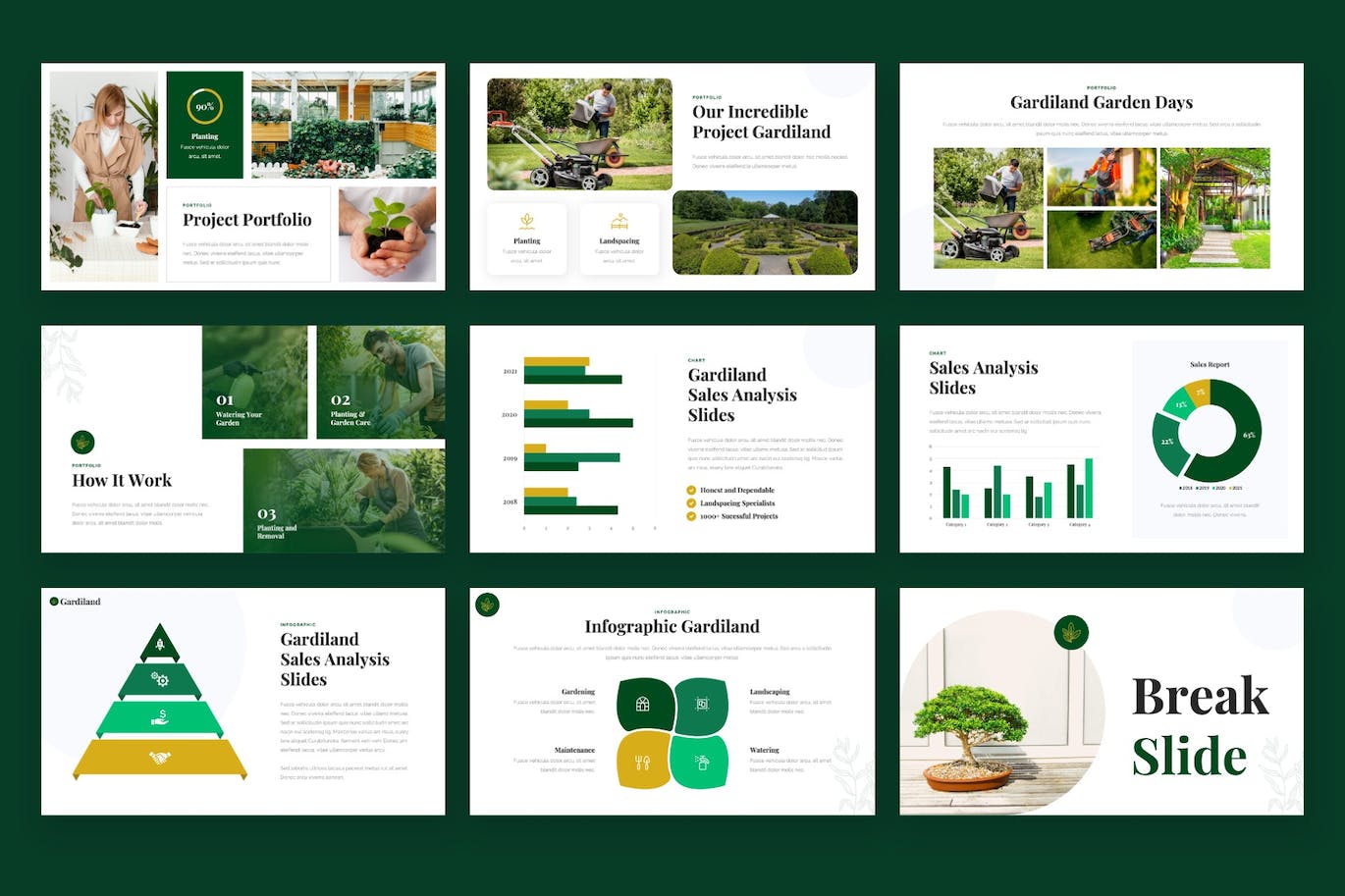 草坪和园林绿化PPT幻灯片设计模板 GARDILAND – Lawn & Landscaping Powerpoint Template 幻灯图表 sucaiwan.com