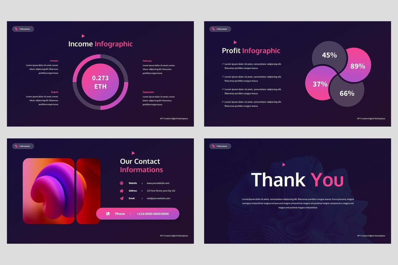 NFT创意数字市场PPT幻灯片模板下载 Tethranium – NFT Creative Powerpoint Template 幻灯图表 sucaiwan.com