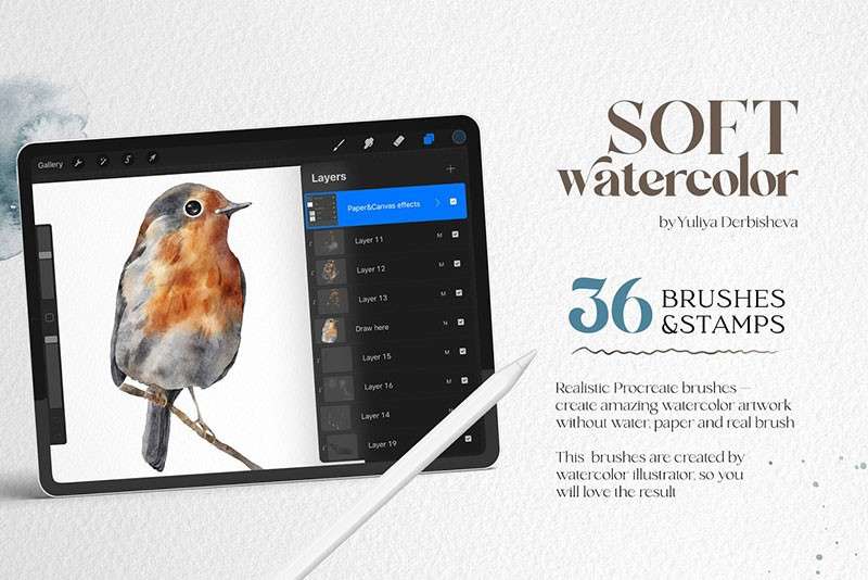 柔和的水彩插画Procreate笔刷 笔刷资源 sucaiwan.com