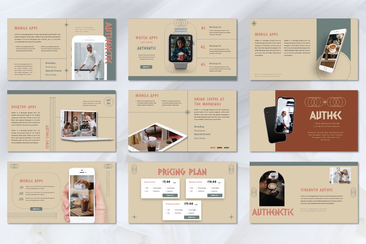 咖啡品牌PPT素材 Authec – Authentic Brands Powerpoint Template 幻灯图表 sucaiwan.com