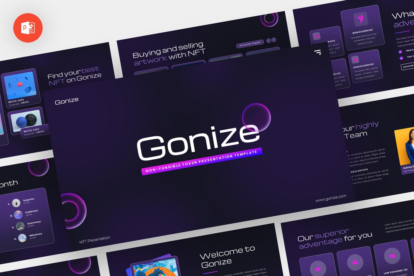 NFT作品集幻灯片演示PPT模板 Gonize – NFT Powerpoint Template 幻灯图表 sucaiwan.com