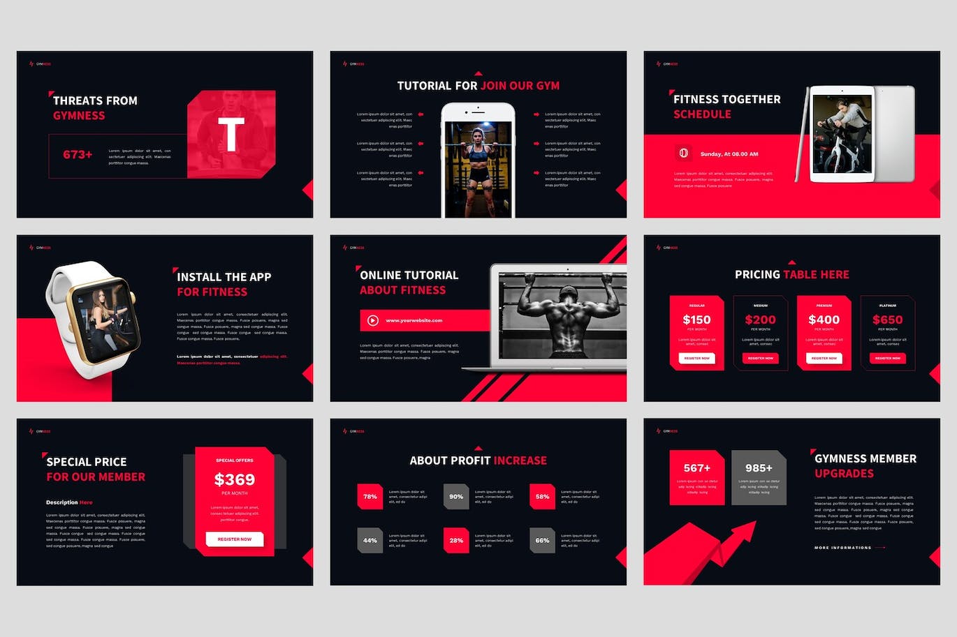 健身房和健身PPT幻灯片设计模板 Gymness – Gym & Fitness Powerpoint Template 幻灯图表 sucaiwan.com