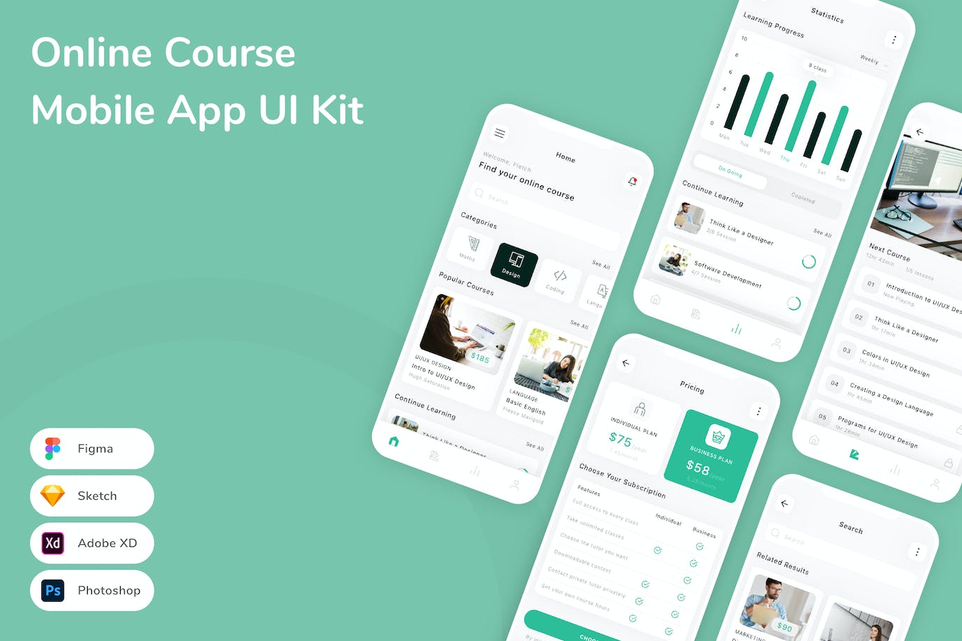 在线课程App手机应用程序UI设计素材 Online Course Mobile App UI Kit APP UI sucaiwan.com