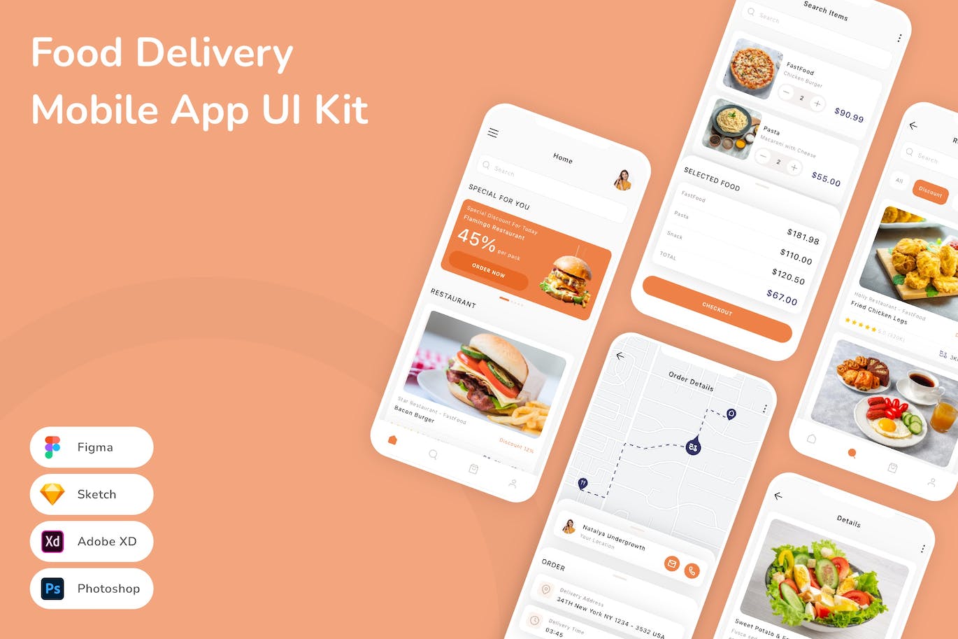 食品配送App手机应用程序UI设计素材 Food Delivery Mobile App UI Kit APP UI sucaiwan.com