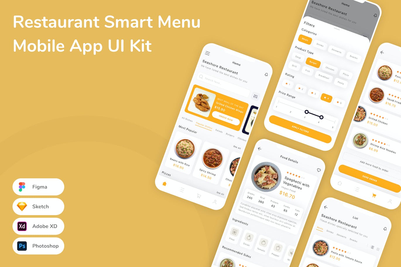 餐厅智能菜单App手机应用程序UI设计素材 Restaurant Smart Menu Mobile App UI Kit APP UI sucaiwan.com