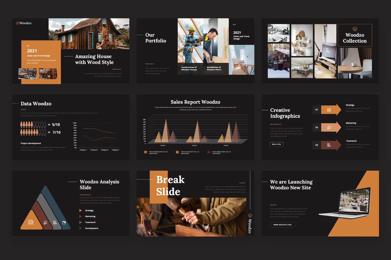 木屋房子建造PPT幻灯片模板下载 Woodzo – Wooden House Powerpoint Template 幻灯图表 sucaiwan.com