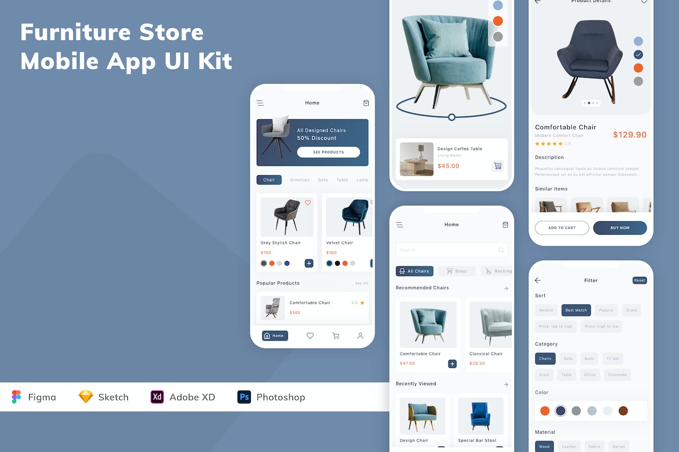 家具店应用程序App界面设计UI套件 Furniture Store Mobile App UI Kit APP UI sucaiwan.com