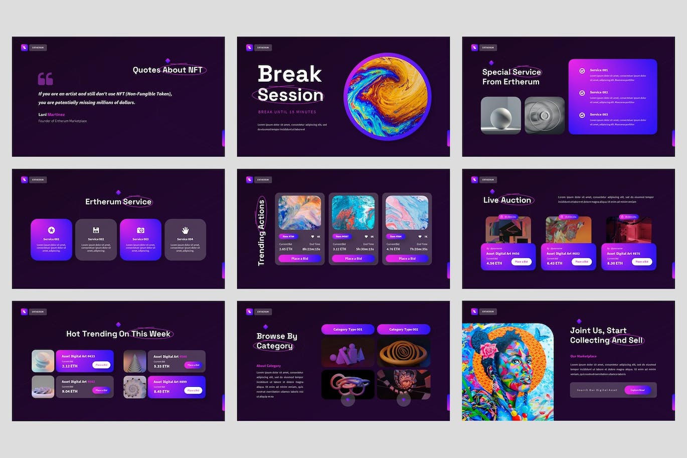 NFT数字创意市场PPT演示文稿 Ertherum – NFT Digital Powerpoint Template 幻灯图表 sucaiwan.com