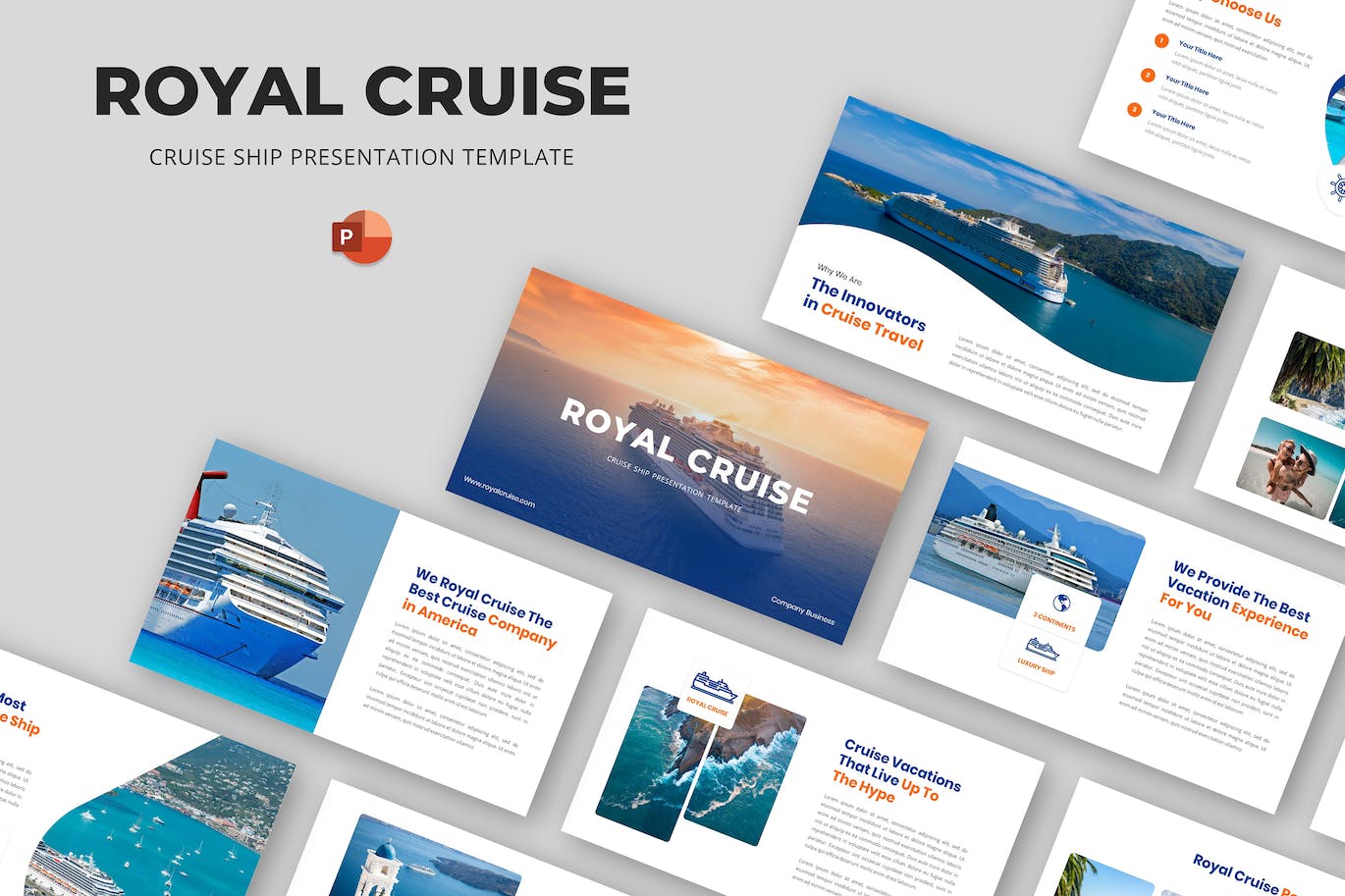 游轮航海旅行PPT模板 Royal Cruise – Cruise Ship Powerpoint Template 幻灯图表 sucaiwan.com