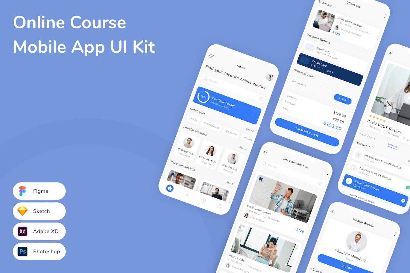 网上课程App手机应用程序UI设计素材 Online Course Mobile App UI Kit APP UI sucaiwan.com